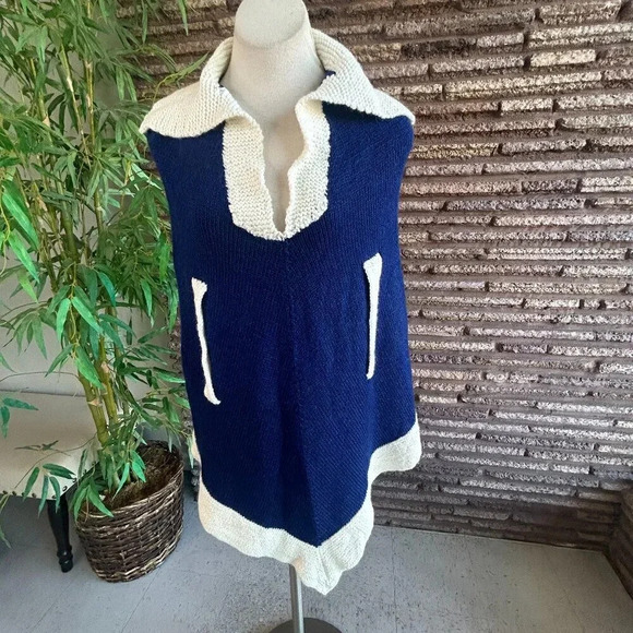 Vintage 70s Handmade Knit Blue and Cream Collared Poncho Cape - Picture 1 of 6